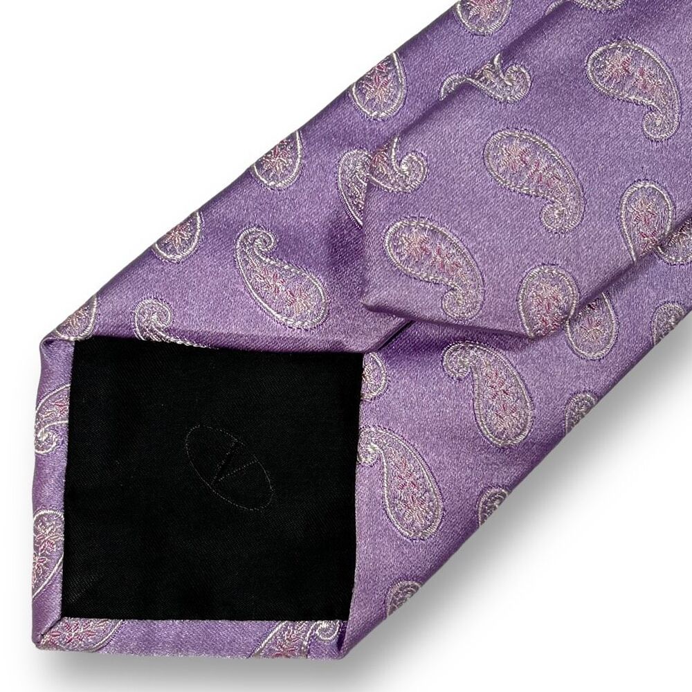 VALENTINO Men’s Purple Designer Paisley Medallion 100% Jacquard Silk Narrow Tie - Picture 5 of 9